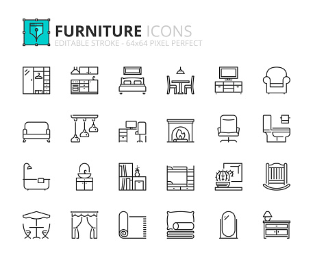Outline icons about furniture. Contains such icons as bedroom, kitchen, dinning room, living room, workspace, toilet and garden. Editable stroke Vector 64x64 pixel perfect