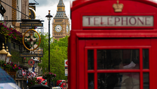 London telephone booth in front of  big ben and the houses of parliament in England