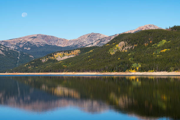 istock Moon and High Mountain Peaks are reflected on beautiful Turquoise Lake. 1458301124