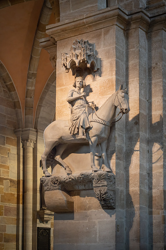 Bavaria, Germany - Dec 11, 2019: Bamberg Horseman (Bamberger Reiter) 13th century equestrian statue at Bamberg Cathedral Interior - Bamberg, Germany