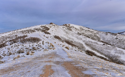 Maack Hill from Sensei hiking trail snowy mountain views, Lone Peak Wilderness Wasatch Rocky Mountains, Utah. USA.