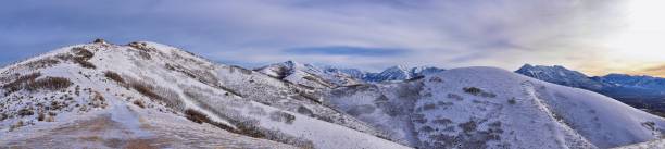 Maack Hill from Sensei hiking trail snowy mountain views, Lone Peak Wilderness Wasatch Rocky Mountains, Utah. USA. stock photo