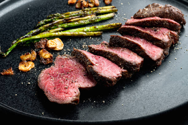 istock Grilled fillet beef steaks, with onion and asparagus, on plate 1458304559