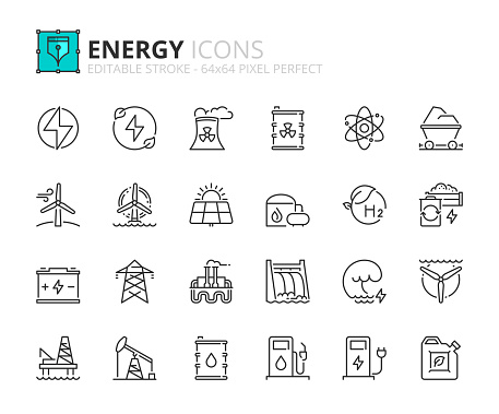 Line icons about energy. Contains such icons as nuclear, fossil fuel, solar, wind power, oil, biogas, green hydrogen. Editable stroke Vector 64x64 pixel perfect