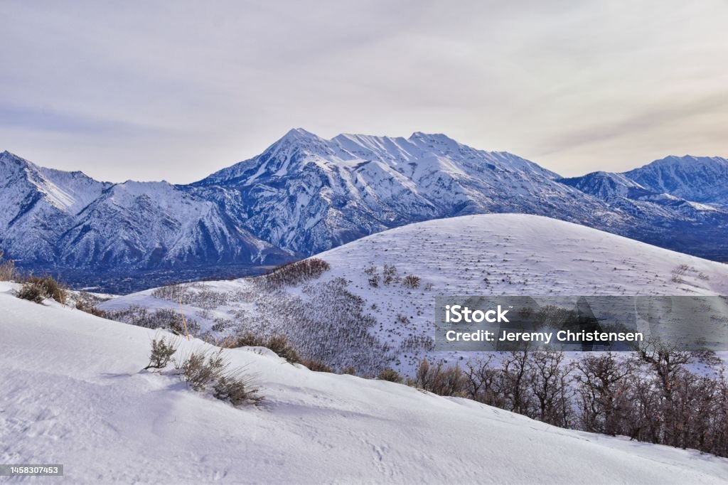 Timpanogos Peak snow covered mountain views from Maack Hill hiking Lone Peak Wilderness Wasatch Rocky Mountains, Utah. United States. Awe Stock Photo