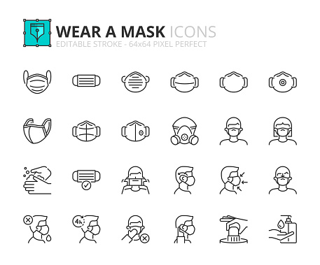 Outline icons about wear a mask. COVID-19 prevention. Contains such icons as how wear and remove the mask, and the different types of face masks. Editable stroke 64x64 pixel perfect.