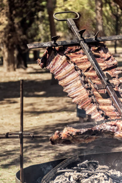 Flame fired beef ribs. Argentinian berbecue, \