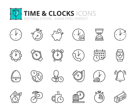 Outline icons about time and clocks. Editable stroke. 64x64 pixel perfect.