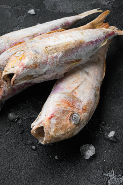 istock Frozen red mullet or barabulka raw fish, on black dark stone table background 1458311631