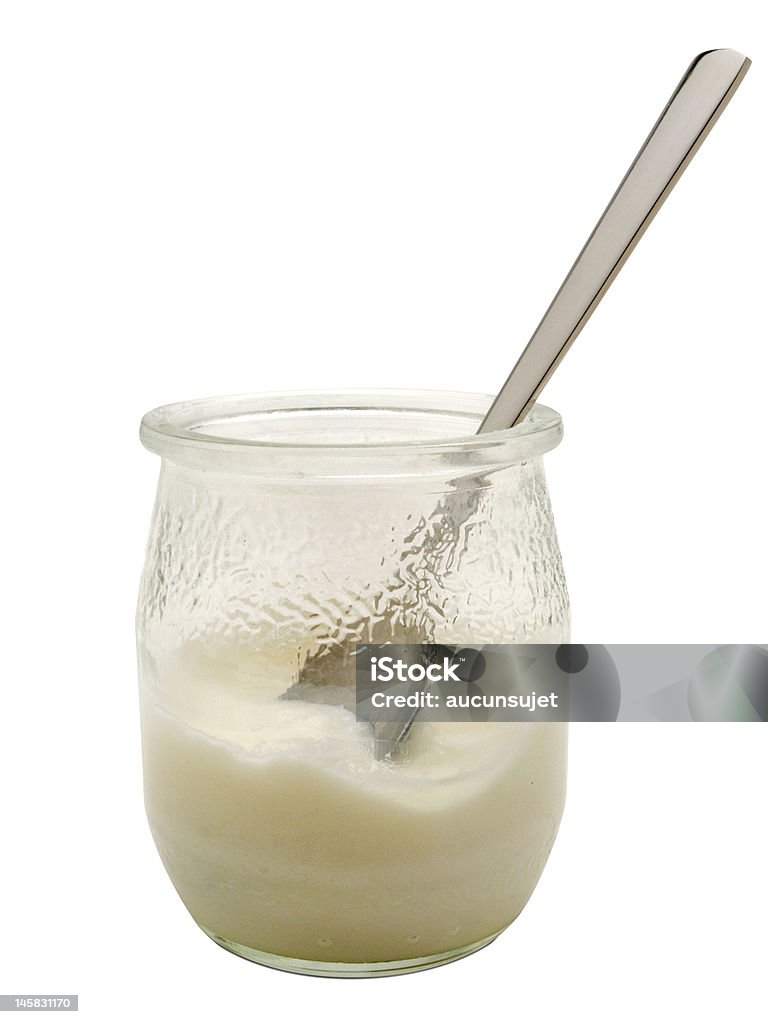 Yogurt has half full Yogurt has half full on white background Breakfast Stock Photo