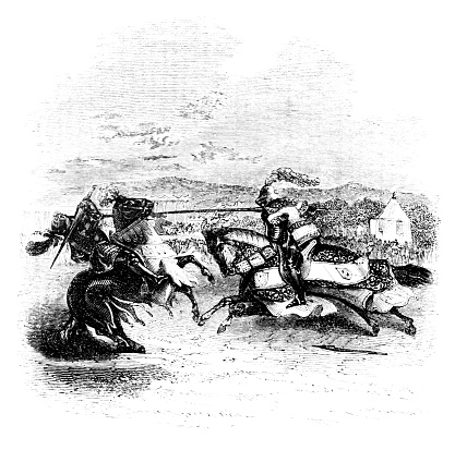 Medieval Knights battle by jousting with lances. Wood Engraving by published in 1846. Original edition is from my own archives. Copyright has expired and is in Public Domain.