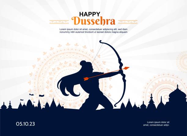 Dussehra banner concept Dussehra banner concept. Fictional character, imagination and fantasy, mysticism. Indian traditions and culture, legend. Culture, event, holiday and festival. Cartoon flat vector illustration dussehra stock illustrations