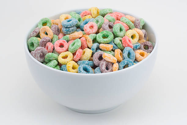 istock Bowl of colorful fruit flavored O shaped breakfast cereal 145832540