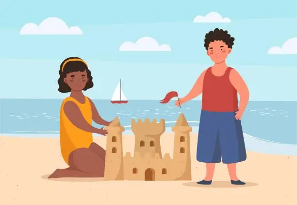 Vector illustration of Kids building sandcastle