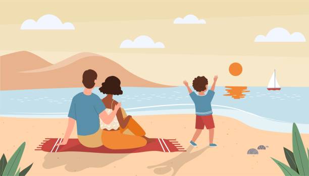 illustrazioni stock, clip art, cartoni animati e icone di tendenza di famiglia guardando il tramonto - bambini spiaggia