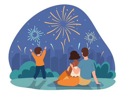 People watching fireworks. Man with woman and small child sit in park at night and look at sky. Holiday and festival. Evening rest with family, parents and son. Cartoon flat vector illustration