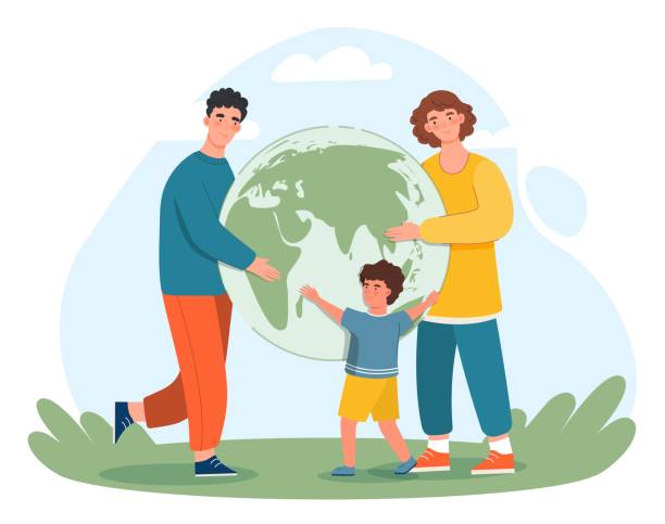 ilustrações de stock, clip art, desenhos animados e ícones de family saving planet - earth globe mother child