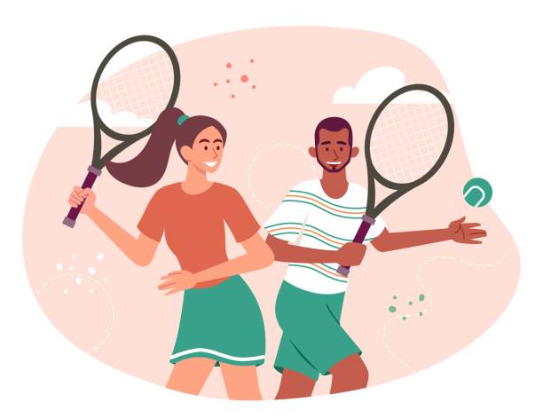 ilustrações de stock, clip art, desenhos animados e ícones de people play tennis - tennis court men racket