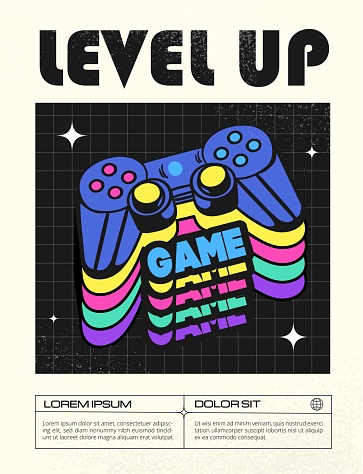 Game poster concept. Joystick, controller and gamepad in retro style, abstract creativity and art. Back to 80s and 90s. Level up in video game. Cartoon flat vector illustration