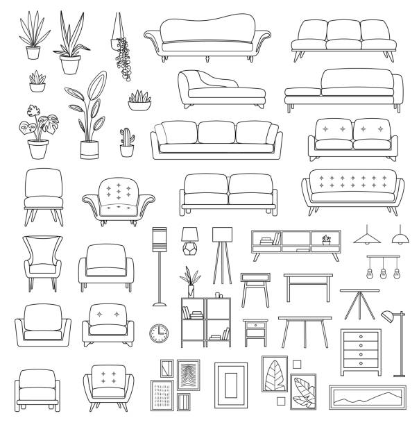 ilustrações, clipart, desenhos animados e ícones de conjunto de linha de móveis para sala de estar - bedroom indoors wall bedding