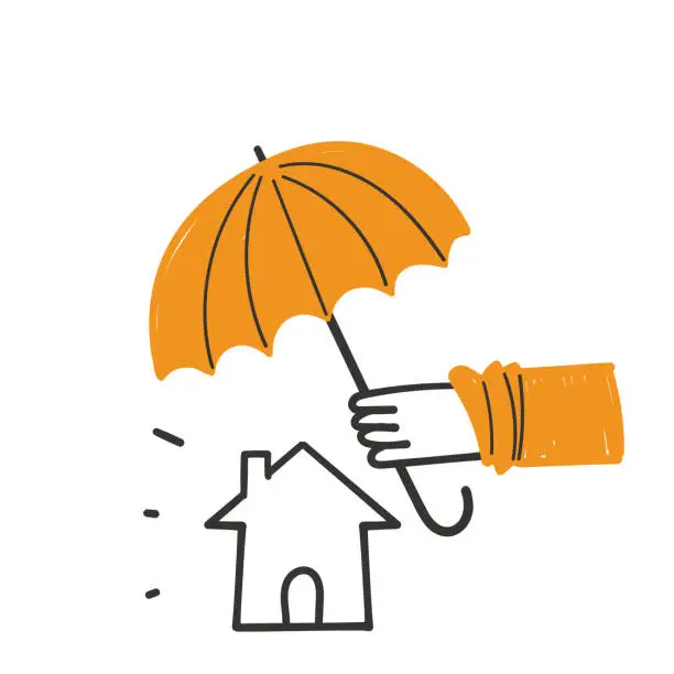 Vector illustration of hand drawn doodle person holding umbrella for house symbol for house protection