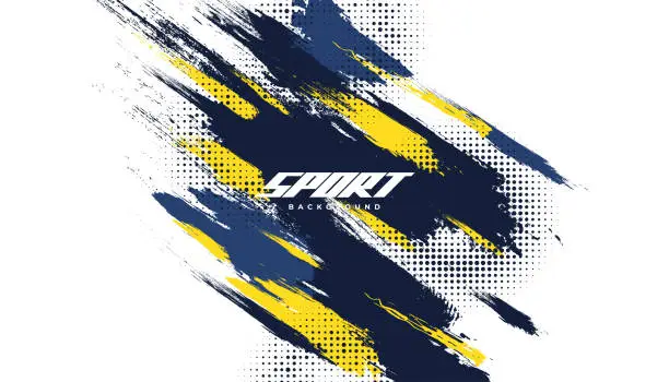 Vector illustration of Blue and Yellow Brush Background with Halftone Effect Isolated on White Background. Sport Background with Grunge Style. Scratch and Texture Elements For Design