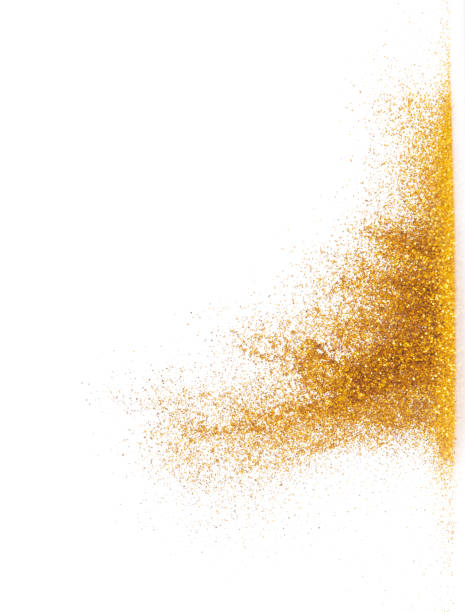 Explosion metallic gold glitter sparkle bokeh isolated white background decoration. Golden Glitter powder spark blink celebrate, blur foil part explode in air, fly throw gold glitters particle shape