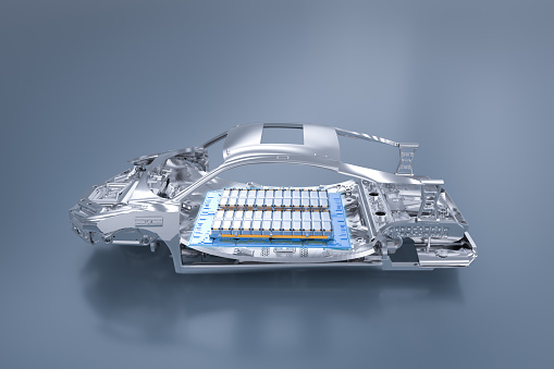 3d rendering electric car battery with pack of battery cells module on platform