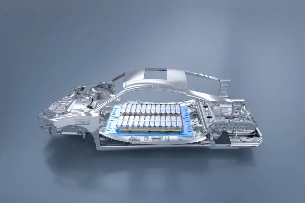 Photo of Electric car battery with pack of battery cells module on platform