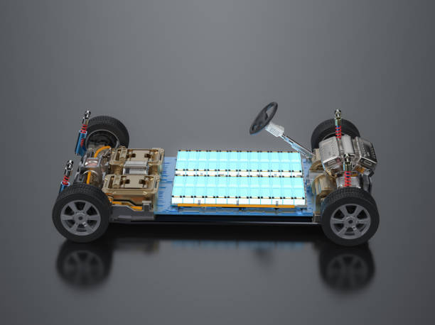 istock Electric car with pack of battery cells module on platform 1458349450