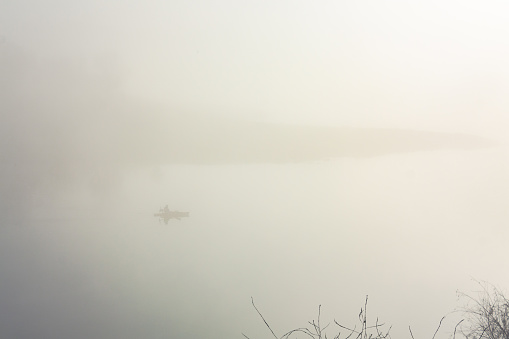 Kayak seen through fog at Quarry Lakes Regional Park in Fremont California