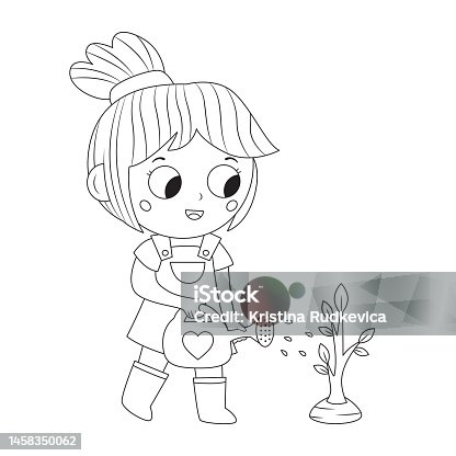istock Cute girl watering tree. Earth day coloring page for children. 1458350062