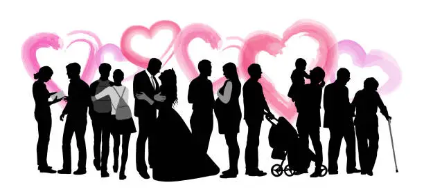 Vector illustration of Silhouette Couples Journey Through Life Watercolor Hearts