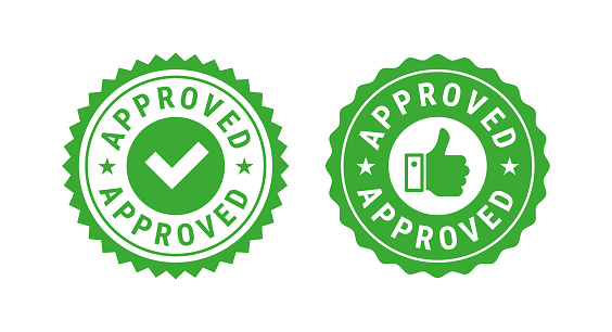 Approved green circle rubber seal stamp with tick and thumbs up. Thumbs up seal. Flat vector illustration isolated on white background.