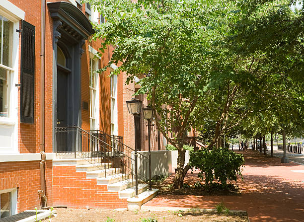 istock Brick Colonial Row Homes Lining Street Sidewalk, Washington, DC, USA 145835101