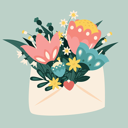 Flowers in the envelope isolated illustration. Mother's day, women's day gift. Happy Valentine's Day