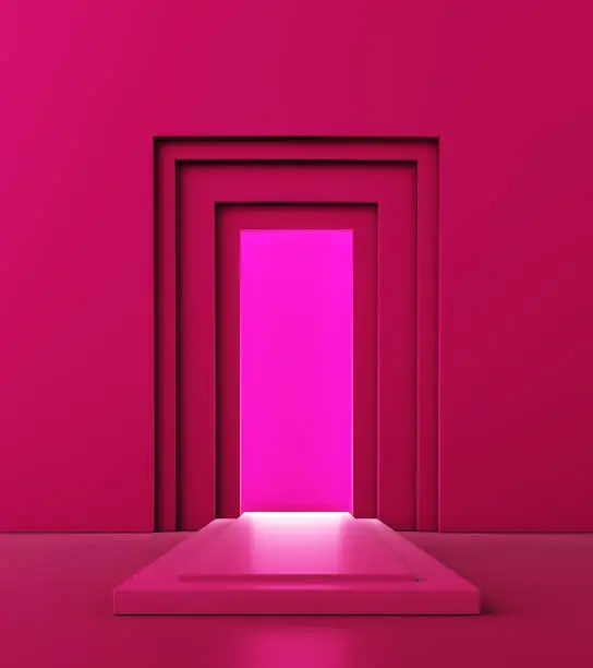Entrance arch or stage corridor in the runway catwalk concept, fashion model Viva Magenta or ruddy color luxury backdrop. Studio show product. Pedestal hot pink for cosmetic skincare. 3D Illustration.