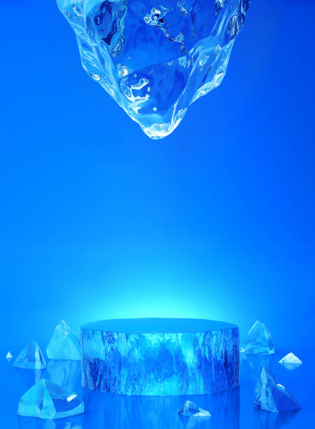 istock Ice display crystal podium circle icicle dark blue or stone shape glass glow light bright blue background. stage pure cool fresh bright. product stand or pedestal for cosmetic, drink. 3D Illustration. 1458358154
