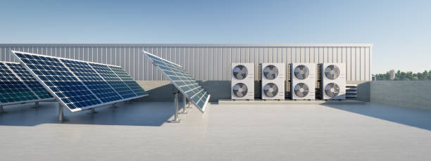 istock 3d rendering of photovoltaic cell on solar panel, condenser unit or compressor on rooftop. Eco building with system technology for future. To generate electrical power or direct current electricity. 1458358480