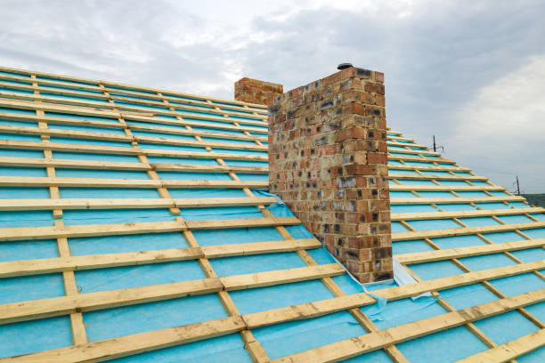 istock Brick house with wooden roof frame under construction. 1458359768