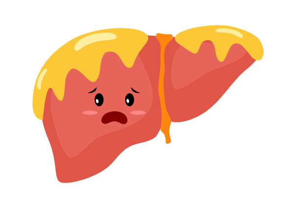 Sad fatty liver disease cartoon character in flat design on white background. vector art illustration