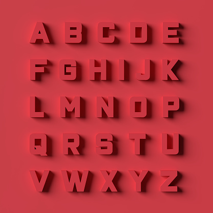 Volumetric uppercase letters from A to Z. 3D Alphabet concept. Block shaped symbols illustration set on red background, copy space. Decorative design elements for sale, web banner, cover or poster.