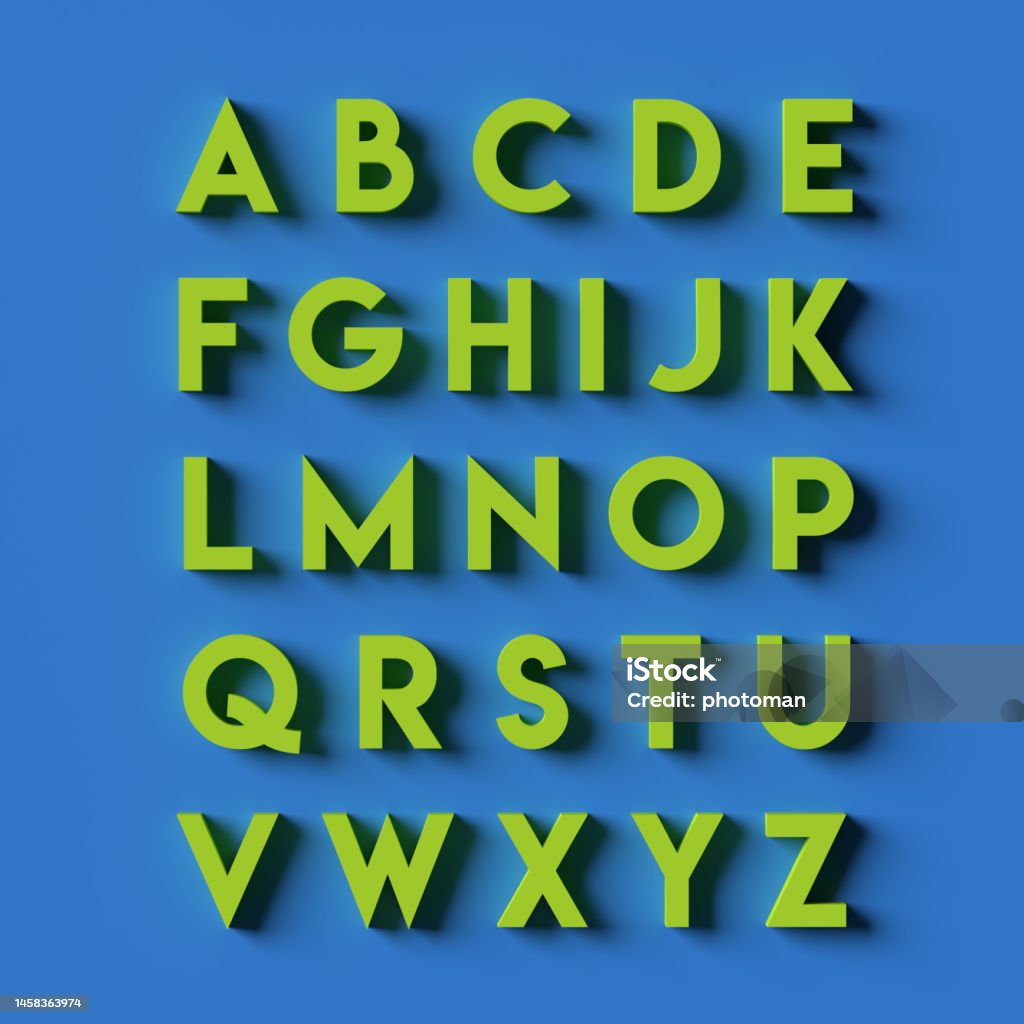 Alphabet in green capital letters on blue surface Volumetric uppercase letters from A to Z. 3D Alphabet concept. Green colored block shaped symbols illustration set on blue background, copy space. Decorative design elements for sale, web banner, cover or poster. Typescript Stock Photo