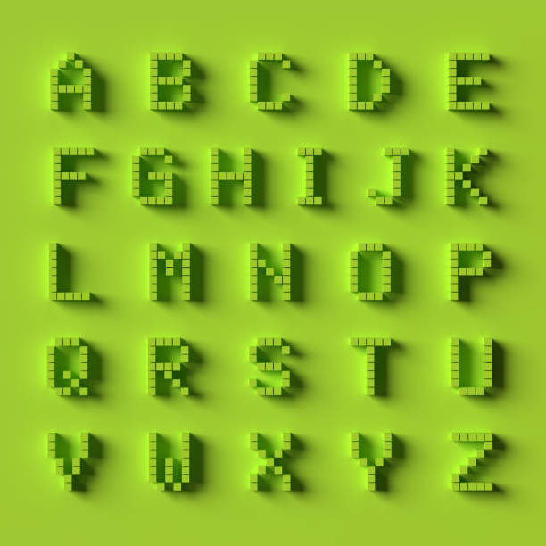 Alphabet in green capital letters Volumetric uppercase letters from A to Z. 3D Alphabet concept. Block shaped dot symbols illustration set on green background, copy space. Decorative design elements for sale, web banner, cover or poster. typescript print letterpress block stock pictures, royalty-free photos & images