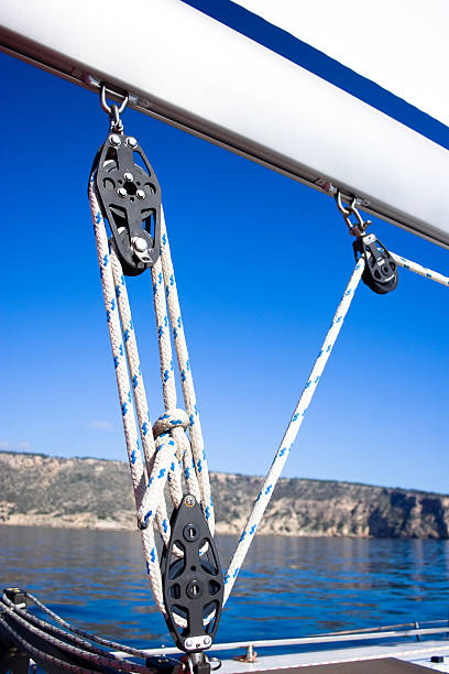 The pulleys on the boom of a sailboat, using for change the direction of the rope and making ropes tie.