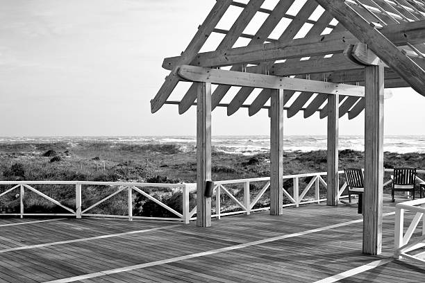 black and white pavillion A black and white image of a pavillion in Bald Head Island, North Carolina. bald head island stock pictures, royalty-free photos & images