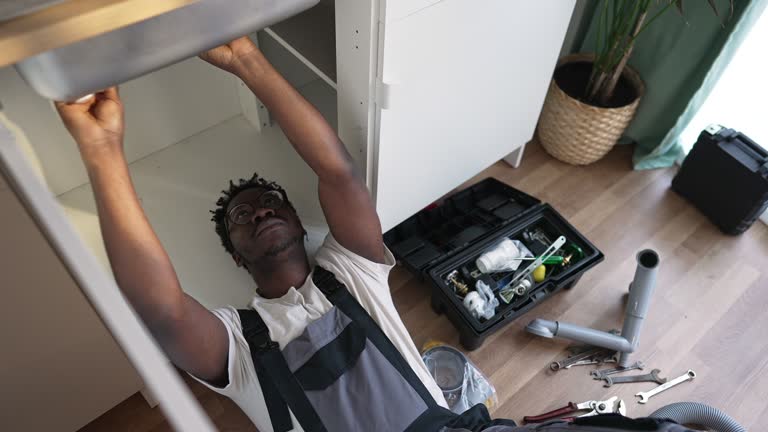 Plumber working on pipes under sink