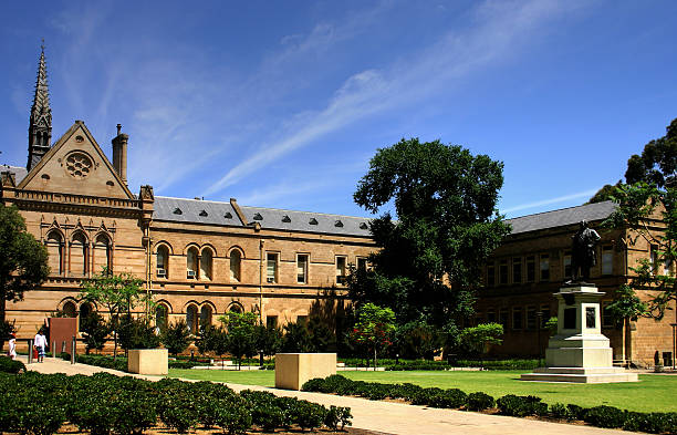 Adelaide - University - the Old Classics Wing (Mitchell Building on North Terrace) of the University of Adelaide and the Goodman crescent adelaide stock pictures, royalty-free photos & images