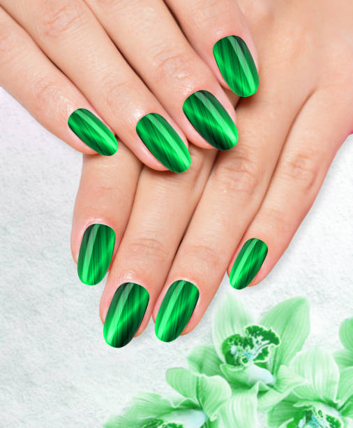 istock Stylish trendy female green manicure. 1458367482