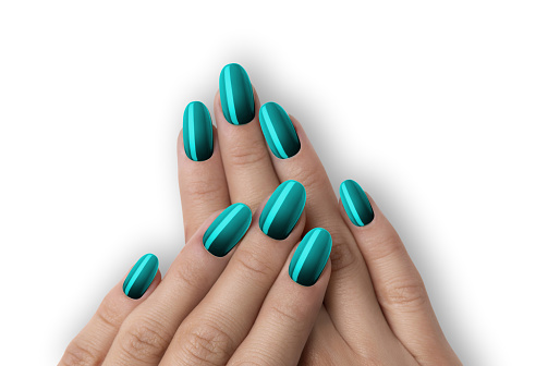 Trendy light blue color manicure design on a beautiful white background